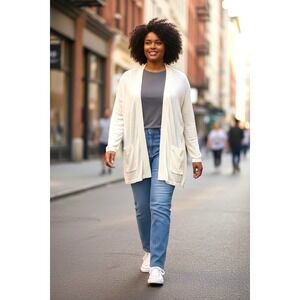(C-73)‎ D&Co Beach Women Cardigan XL Cream Open Front Pockets QVC NEW